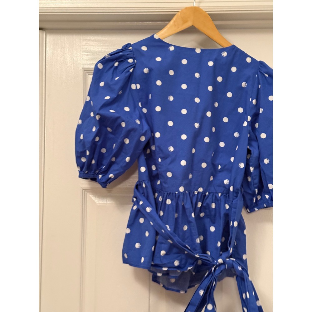 Lilly Pulitzer Wrap Top Women S Blue Polka Dot Shell Puff Sleeve Peplum Cotton - Picture 3 of 7